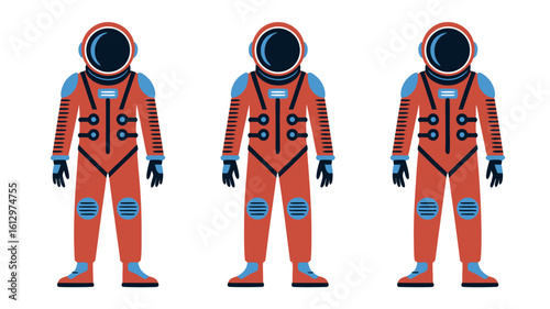 Three astronauts in identical orange spacesuits stand in a row against a white background.