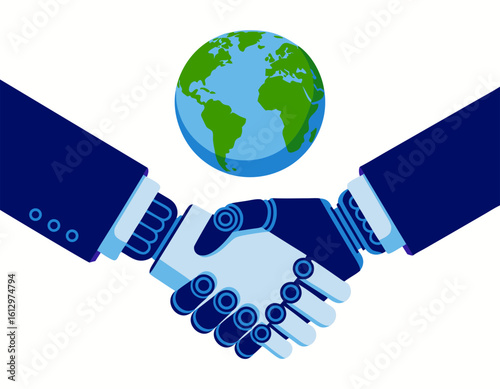A human and robot shaking hands with planet Earth in the background, symbolizing partnership.