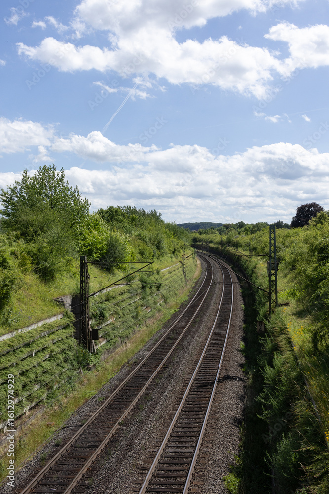 Obraz premium Railway tracks surrounded by greenery. 