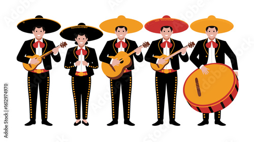 A mariachi band, smartly dressed in traditional trajes, poses with guitars and a large drum.