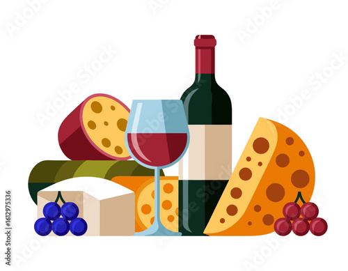 Flat lay illustration of various cheeses, a wine bottle and glass, and grapes, suggesting a wine and cheese pairing.