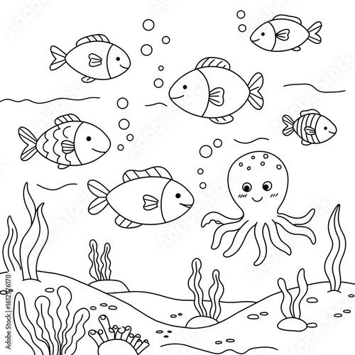 Cute Underwater Scene with Fish Octopus Seaweed and Bubbles Outline