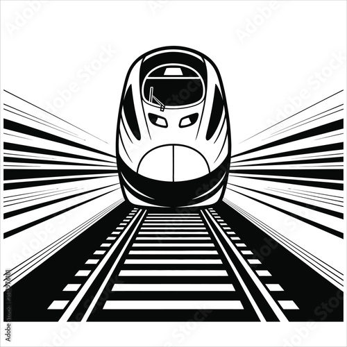 Monochrome vector graphic of a modern high-speed train on a railway, depicted with perspective lines to show rapid movement.