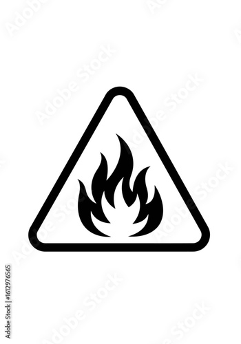 A black and white triangular warning sign with a fire symbol indicating flammable material.