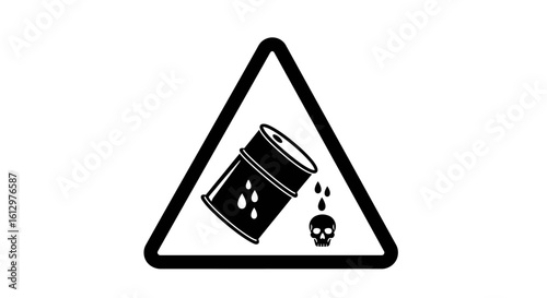 Hazardous waste spill warning sign:  leaking barrel, skull, triangle.