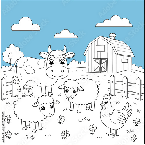 Cute cartoon farm animals coloring page with cow sheep and chicken