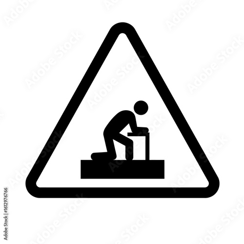 A black and white warning sign icon depicting a person bending over a low object, symbolizing caution for heavy lifting or potential back strain.