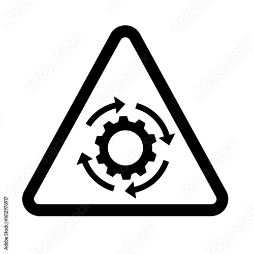 Black and white warning sign featuring a gear surrounded by circular arrows inside a triangle.