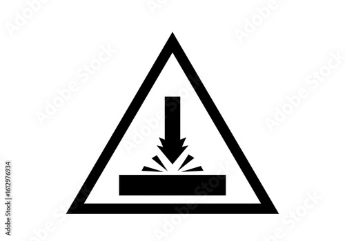 Warning sign depicting a downward force impacting a surface, indicating potential crushing hazard.