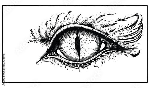 Dragon Eye Close-Up Vector Drawing – Detailed Slit Pupil and Scaled Eyelids in Fantasy Line Art Illustration
