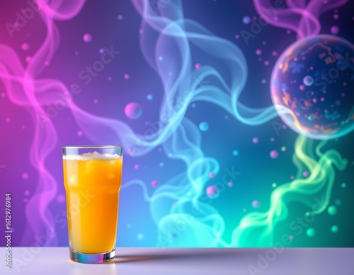 Vibrant Yellow Beverage Against Nebula Background