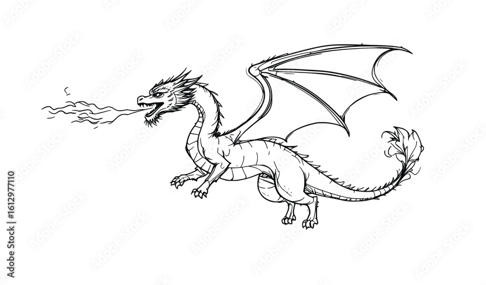 Fire-Breathing Flying Dragon Vector – Mythical Line Art of Winged Creature Emitting Flames in Powerful Fantasy Pose Fire-Breathing Flying Dragon Vector – Mythical Line Art of Winged Creature Emitting Flames in Powerful Fantasy Pose