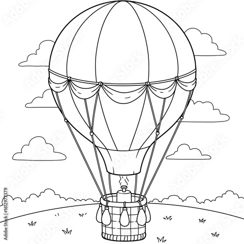 Hot air balloon coloring page with clouds and grass landscape background