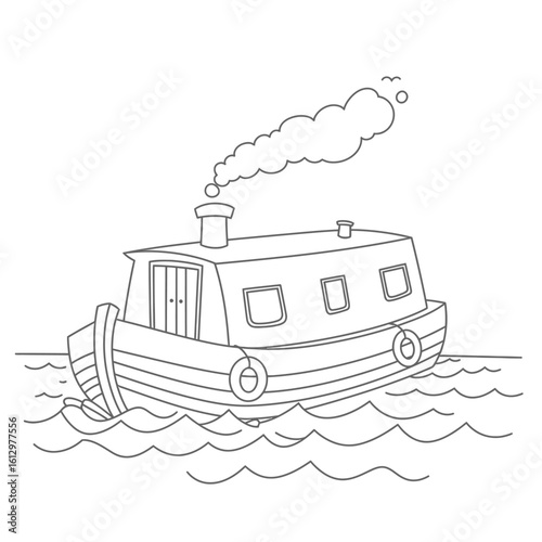 Cartoon Steam Boat on Water Coloring Page Illustration for Kids