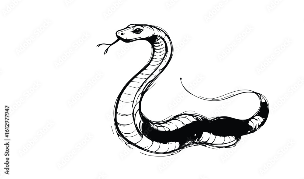 Fototapeta premium Curved Snake Line Art Vector – Side View Serpent Illustration with Flicking Tongue in Smooth Wavy Body Shape