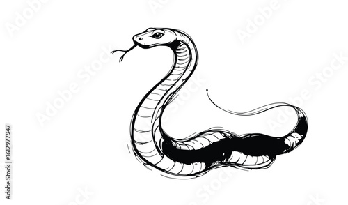 Curved Snake Line Art Vector – Side View Serpent Illustration with Flicking Tongue in Smooth Wavy Body Shape