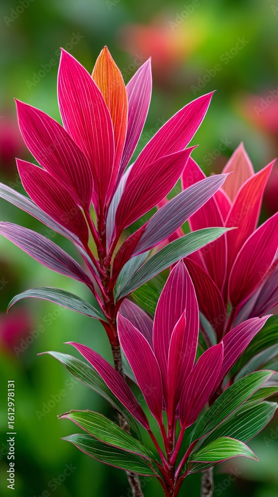Fototapeta premium Vibrant red ti plant showing colorful foliage in tropical garden