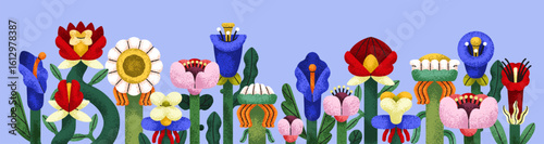 Floral border, summer banner design. Blooming garden flower blossoms and leaves, modern whimsical botanical pattern, quirky fantastic exotic nature. Creative abstract flat vector illustration