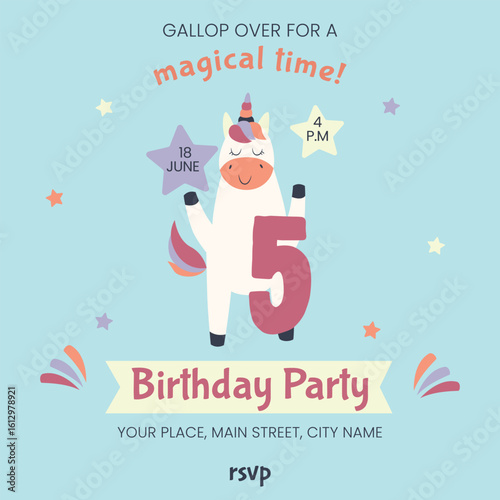 Unicorn Baby Birthday Invitation vector card. Baby Shower printable template with cute magical horse. Childish design