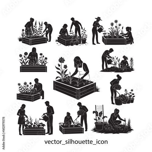 Silhouette Gardeners at Work Cultivating Plants Black and White Gardeners tending to their plants in various outdoor settings and positions