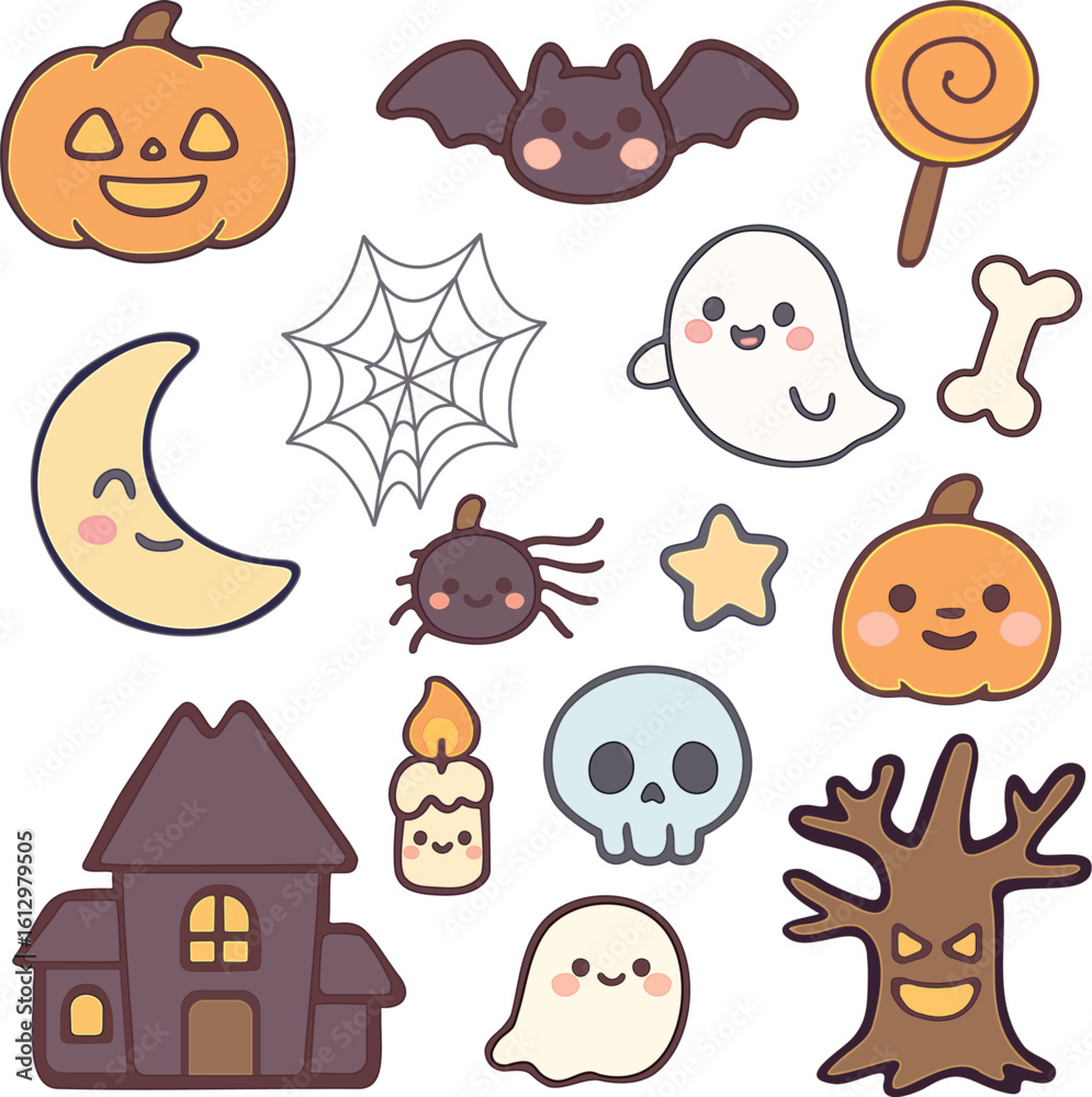 Fototapeta premium Cute Kawaii Halloween Vector Elements Set – Pumpkin, Ghost, Bat, Spider, Moon, Tree, Skull, and More