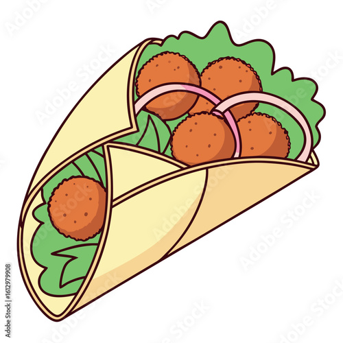 Cartoon Illustration of Falafel Wrap with Lettuce and Onions