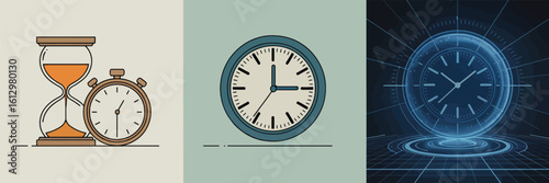 Clock Collection: The essence of time captured in a collection of clocks, from the traditional hourglass to the modern digital display, all set on a neutral background.