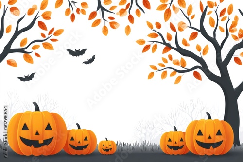 Halloween pumpkins and bats flying between autumnal trees