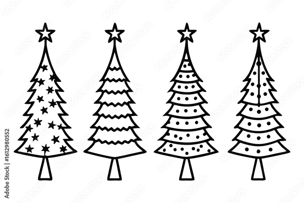 Obraz premium Set of christmas trees line art vector illustration, Pine tree outline vector bundle