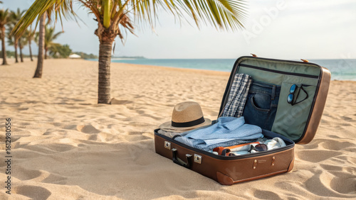 Stylish Travel Accessories for Vacation by the Beach with Suitcase