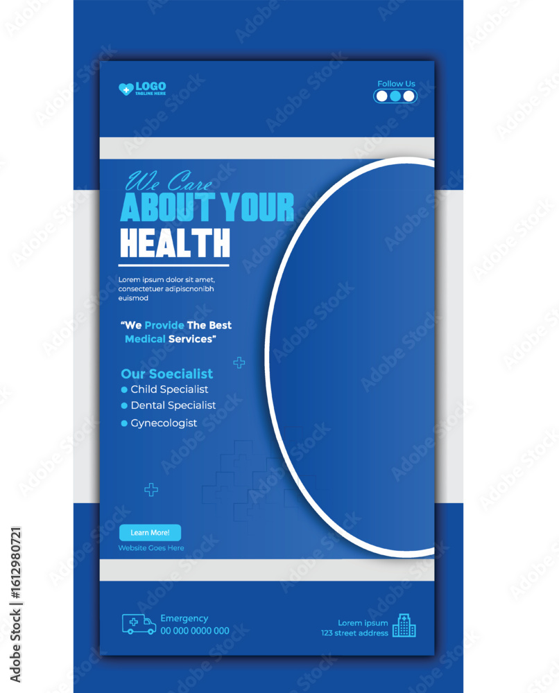 Naklejka premium Smiling Doctor with Stethoscope in Medical Advertisement with Discount Offer Story Tamplate Design.