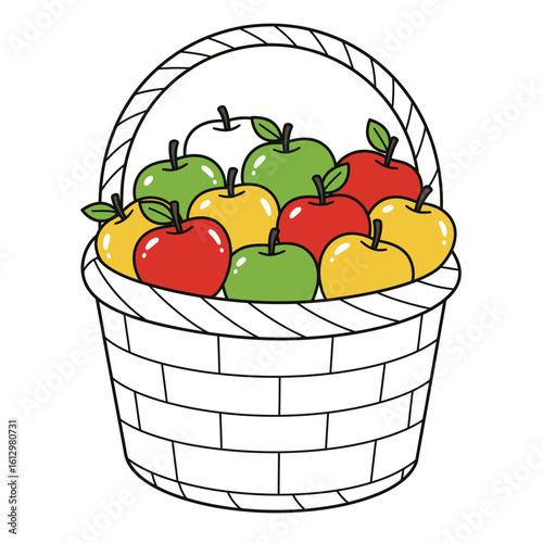 Cartoon basket filled with colorful apples outline illustration for kids