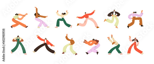 Happy dancing people set. Energetic young men and women in active motion, dynamic funny poses, fun movements. Excited male and female dancers. Flat vector illustration isolated on white background