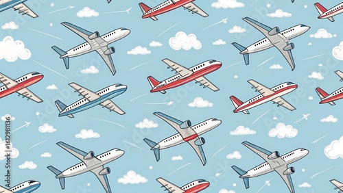 Colorful Airplane Pattern on Blue Background for Seamless Design