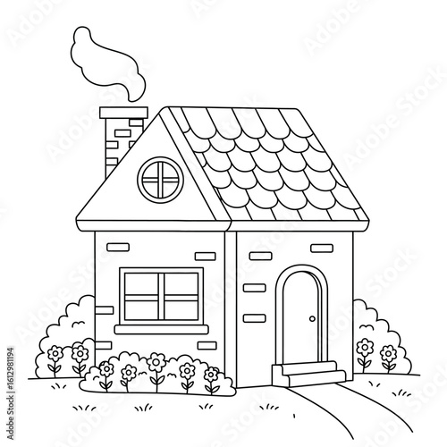 Cute House Illustration with Flowers and Smoke for Coloring or Design