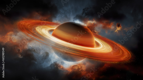 A majestic planet with glowing rings floating in a star-filled cosmic landscape.