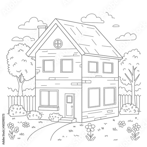 Illustration of a two story house with a yard for coloring book