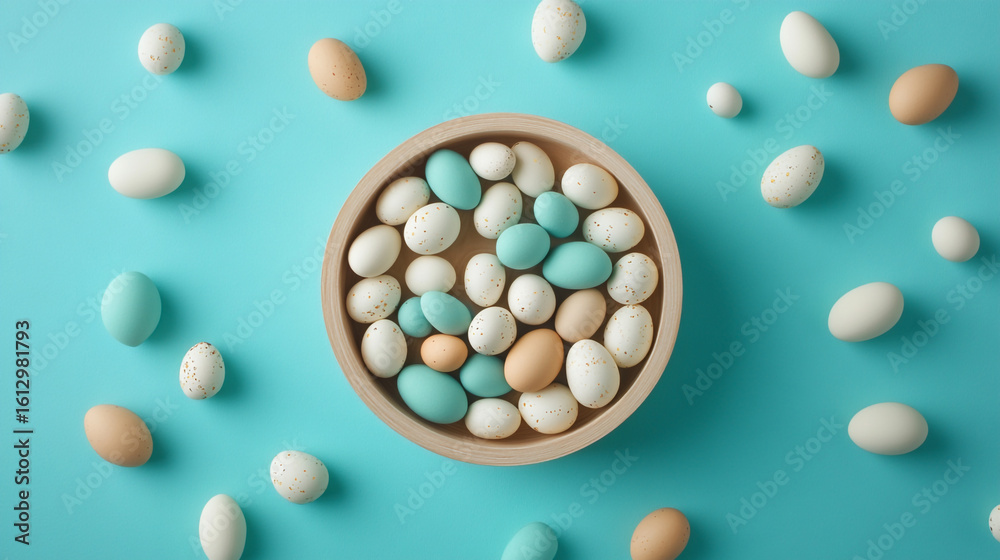 Pastel eggs in a bowl on a blue background Easter eggs decoration Pastel eggs in a bowl on a blue background Easter eggs decoration
