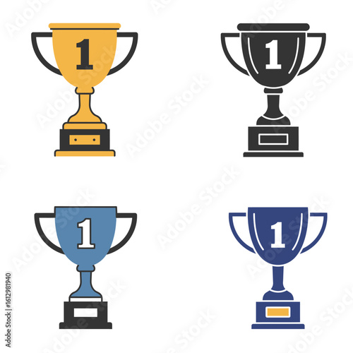 Colorful Trophy Icons Representing First Place and Achievement on White Background