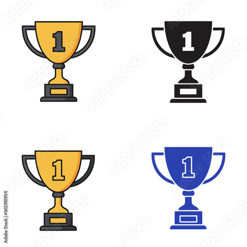 Trophy Icon Set Representing First Place in Various Styles and Colors
