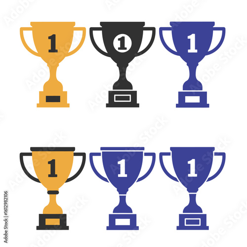 Colorful Trophy Set Representing First Place Victory and Achievement in Various Fields