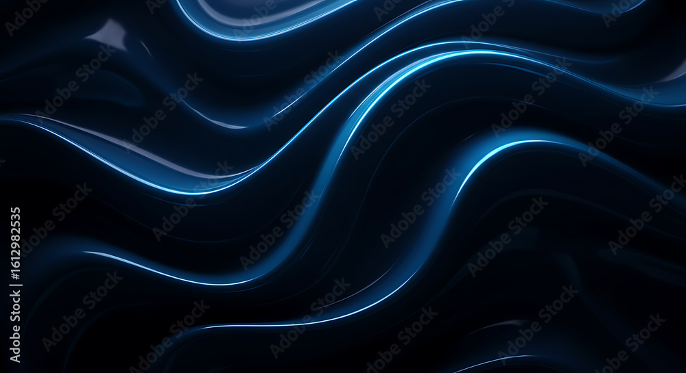 Obraz premium Dynamic abstract background featuring luminous blue wavy lines against a deep black backdrop, evoking a modern, fluid design.