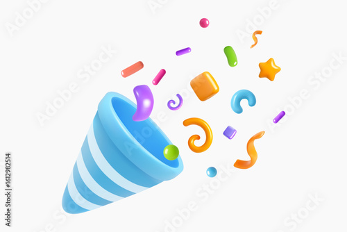 Blue 3D popper bursting with colorful confetti elements