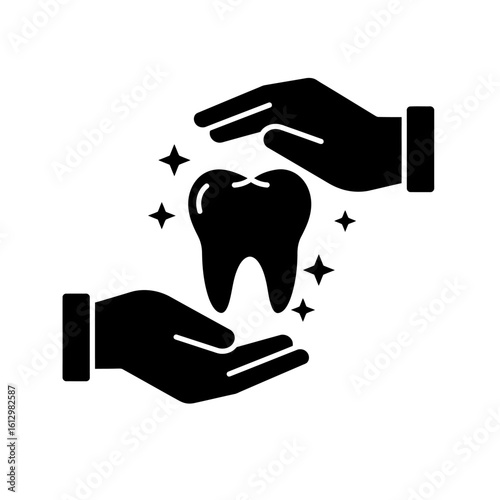 Protecting Tooth Icon with Hands and Sparkles in Black and White