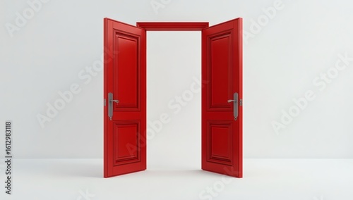 Open red double door on white background. Concept of new possibilities, success, dreams, hope. Entrance, exit, invitation, freedom. Bright color, glossy surface doors in room
