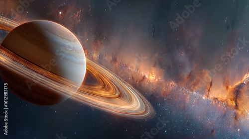 A majestic planet with glowing rings floating in a star-filled cosmic landscape.