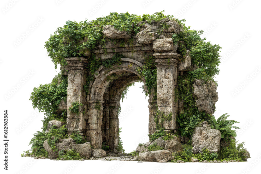 Obraz premium Overgrown Ancient Stone Archway Ruins Nature Scene, isolated on a transparent background