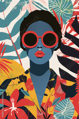 Graphic poster of a woman in red sunglasses set against tropical foliage, created in a minimalist style with bold colors and vector aesthetics