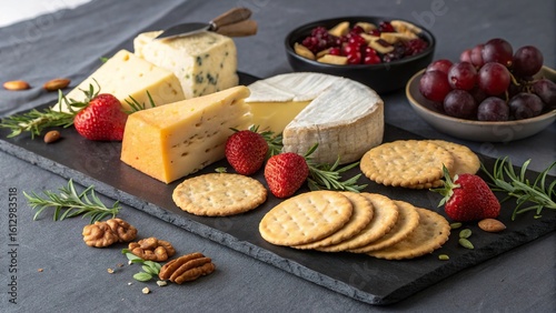 Fototapeta Naklejka Na Ścianę i Meble -  Beautifully arranged cheese platter with fruits, nuts, and crackers on a slate board