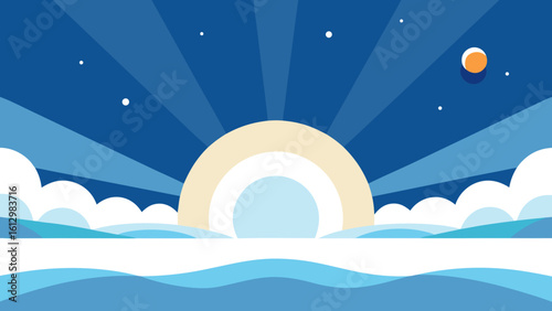 Blue sea and moonlit night sky vector landscape illustration